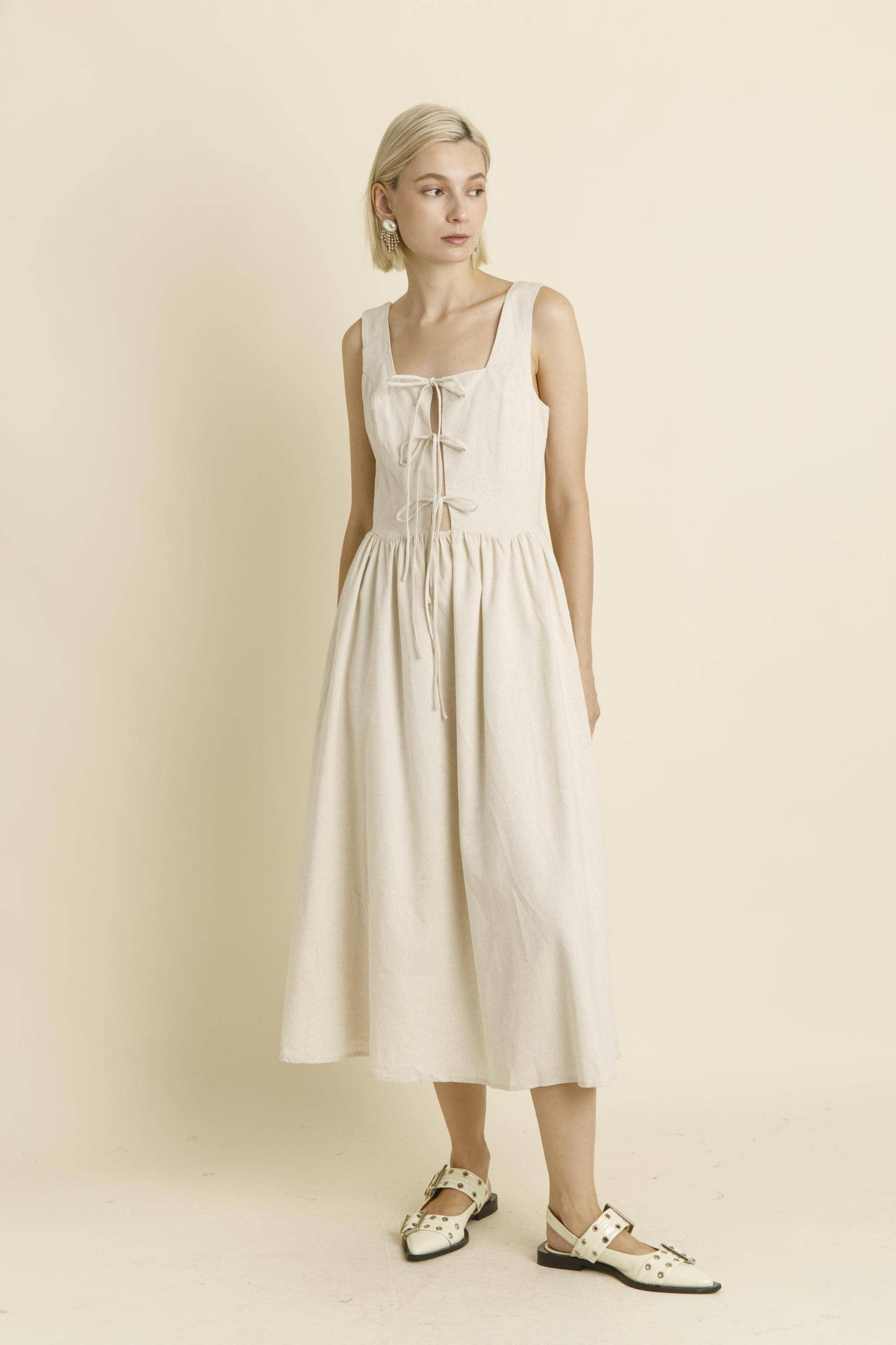 Linen Midi Dress with Ties