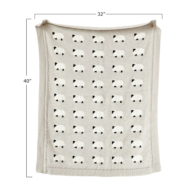 Sheep Cotton Knit Baby Blanket Deluxe Border