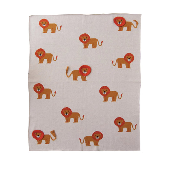 Cotton Knit Baby Blanket w/ Lions & Applique Manes