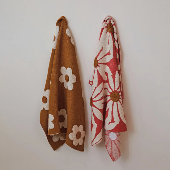 Cotton Knit Baby Blanket w/ Flowers & Tufting - Orange