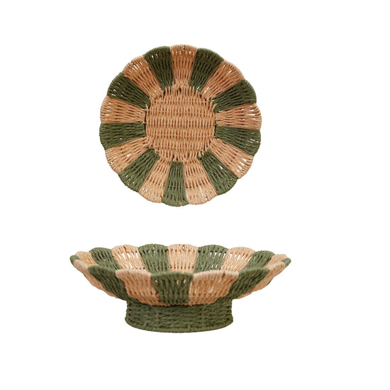 Decorative Woven Paper Rope Scalloped Footed Bowl with Stripes