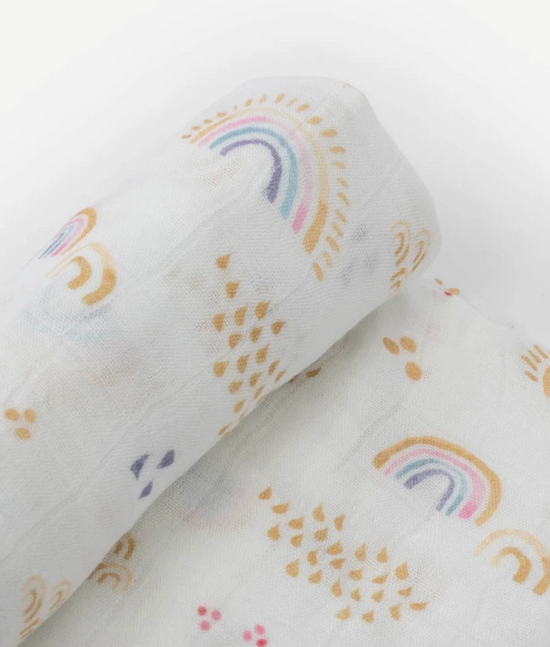 Load image into Gallery viewer, Deluxe Muslin Swaddle Blanket - Rainbows &amp;amp; Raindrops

