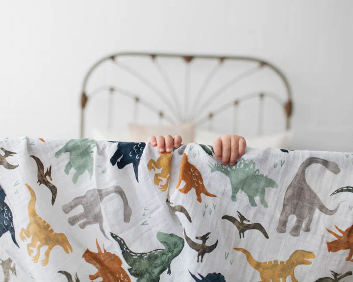 Load image into Gallery viewer, Cotton Muslin Swaddle Blanket - Dino Friends
