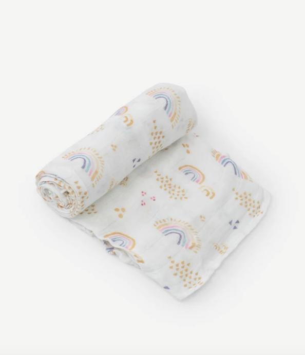 Load image into Gallery viewer, Deluxe Muslin Swaddle Blanket - Rainbows &amp;amp; Raindrops
